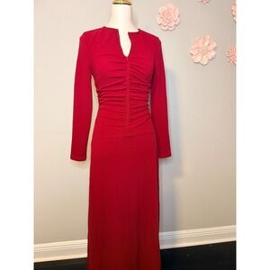 Women's Red Long Sleeve Ruched Bodycon Midi Dress Elegant Evening Party Size M